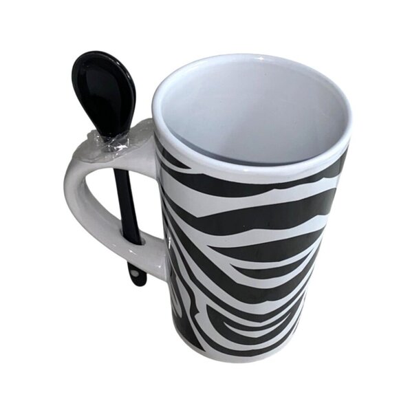 Zebra Print Mug With Matching Black Spoon 12 Oz V&S Houseware Ceramic Dishwasher - Picture 5 of 7